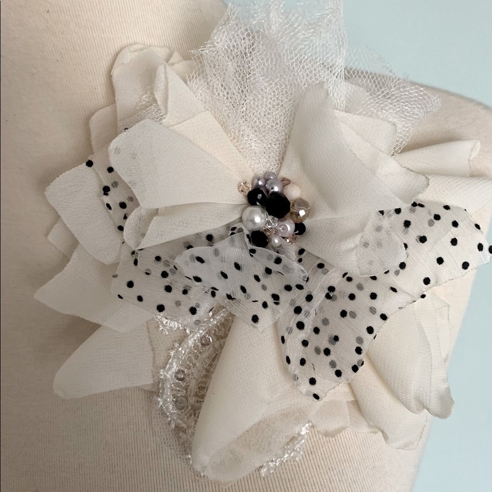 Cream/ivory polka dot, flower magnetic pin brooch